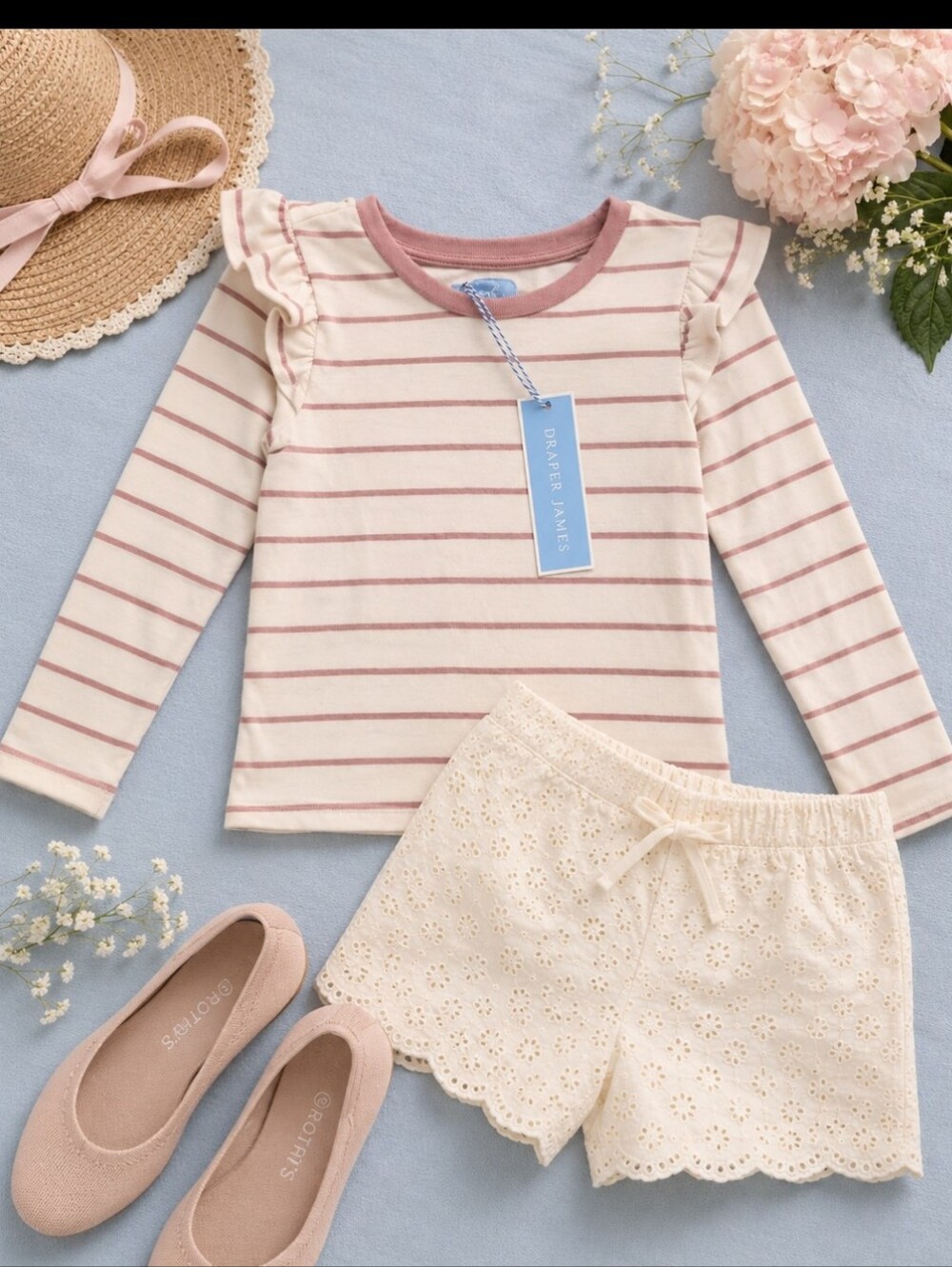 NWT Draper James Girls Size 5 Pink Stripe Ruffle Shoulder Long Sleeve Top
